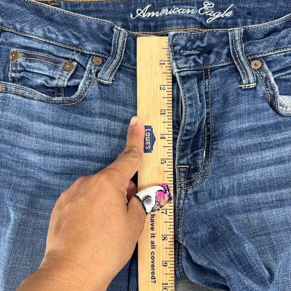 Y2K American Eagle Capri Jeans Womens Size 4 Dark Blue Low Rise Crop Whisker - Picture 9 of 11